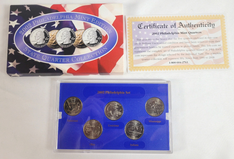 2002 USA Philadelphia Mint Edition State Quarter Set . Brilliant Uncirculated Condition in Case .