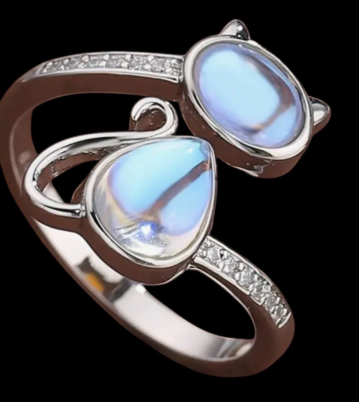 925 Silver Moon Glow Love Cat Open Adjustable Ring<br/>Size 8 - 10 approximate