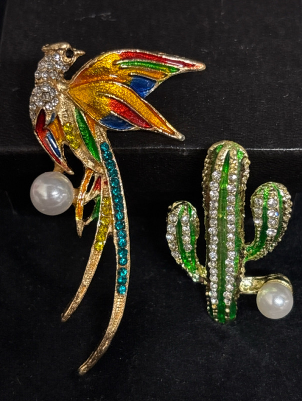 Two Elegant Brooches Imitation Pearls Phoenix Brooch Rhinestone Embellished<br/>Approximately 2.5 x 1.2 Inch Elegant Green Cactus Brooch & Sparkling Rhinestones Approximately 1 x 2 Inch