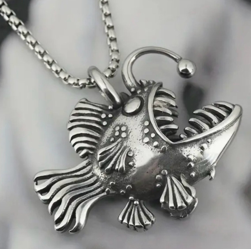 Stylish Fish Pendant Necklace Retro Stainless Steel Necklace with Luminous Fish Design Chain 22 In 1.5 x 2 Inch Pendant