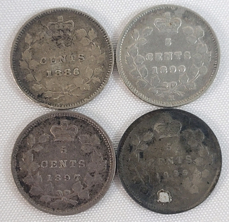 1886 - 1899 Canadian Silver 5 Cent Nickels . 1886 , 1890-H , 1897 & 1899 . Four (4) Coins
