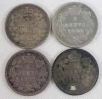 1886 - 1899 Canadian Silver 5 Cent Nickels . 1886 , 1890-H , 1897 & 1899 . Four (4) Coins