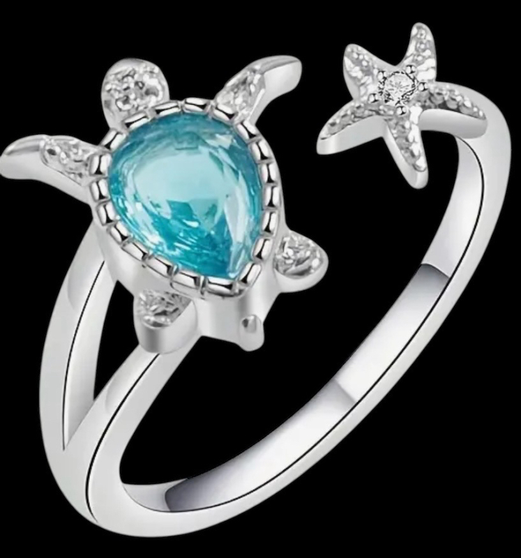 925 Sterling Silver Cuff Ring with Turtle Blue Zirconia Size 7 Slightly Adjustable