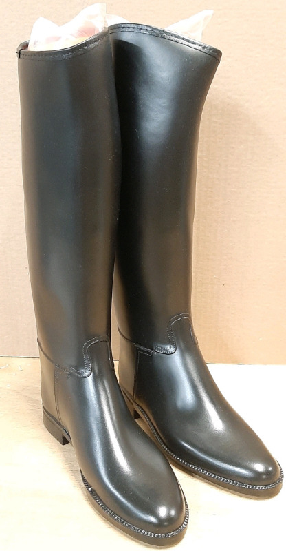 New Pair of Derby/Cottage Black Leather Boots, Size 7.5, 17" Tall