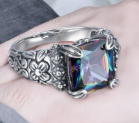 S925 Sterling Silver Ring with Rainbow Cubic Zirconia Nickel-Free Size 8