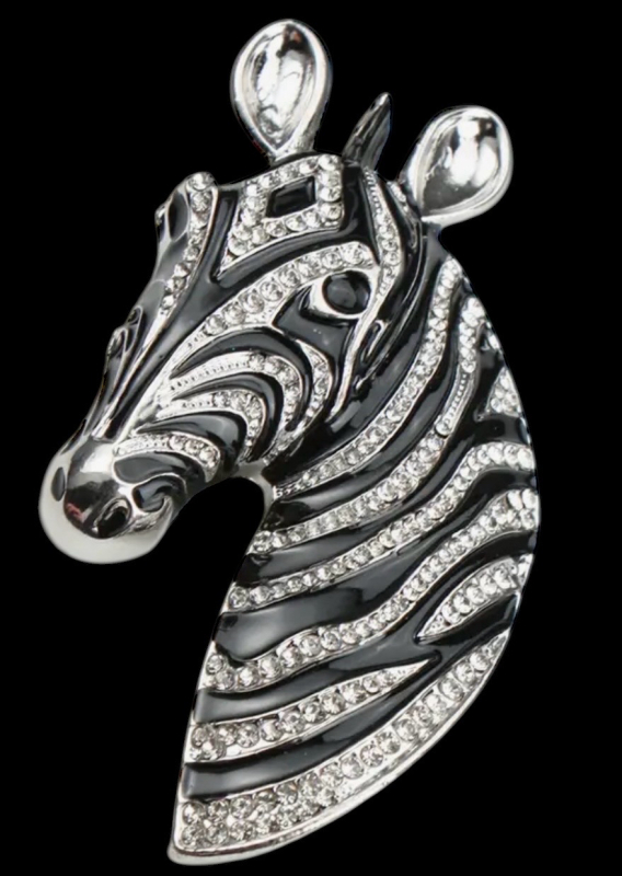 Fabulous Minimalist Zebra Brooch with Rhinestones and Enamel Approximately 3.5 x 2 Inch
