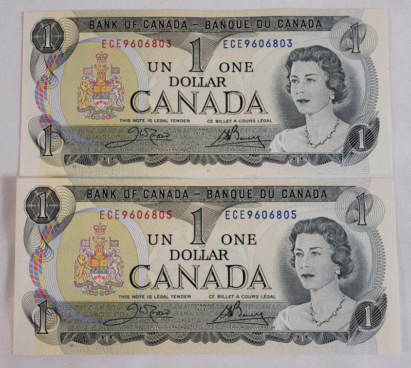 1973 Canadian Bank of Canada One Dollar Bank Notes . Two (2) Bank Notes , One Off Consecutive Numbers ECE9606803 & ECE9606805 . No bends or Folds and appears uncirculated