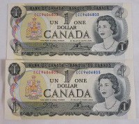 1973 Canadian Bank of Canada One Dollar Bank Notes . Two (2) Bank Notes , One Off Consecutive Numbers ECE9606803 & ECE9606805 . No bends or Folds and appears uncirculated