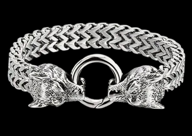 Stylish Stainless Steel Viking Double Wolf Head Bracelet Versatile & Elegant Non-Magnetic Approximately 8.25 Inch