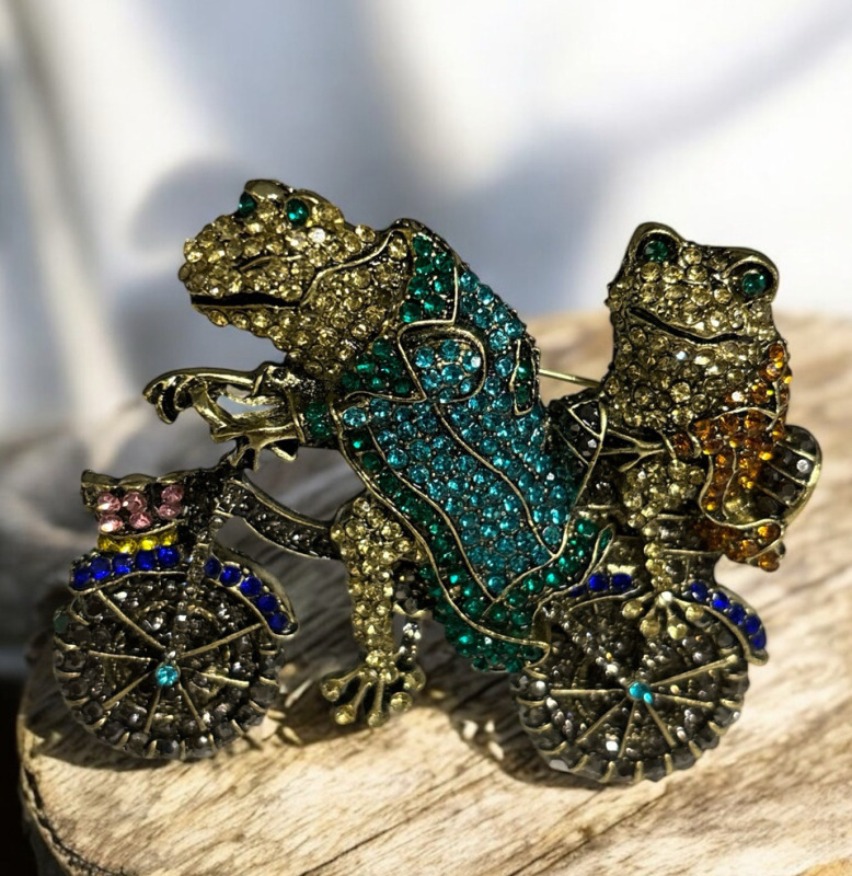 Two Frogs On A Bike Brooch Rhinestones Approximately 3 x 2.4 Inch