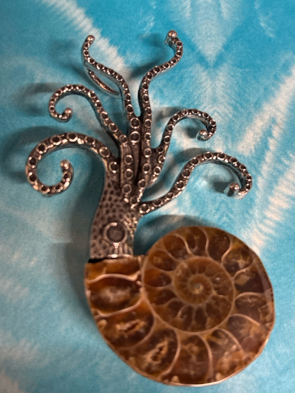 Octopus Inlaid Swirl Natural Stone Pendant / Brooch Necklace Approximately 2.75 x 1.75 Inch Chain 17.5 + 2 Inch