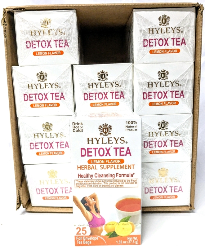 12 New HYLEYS Detox Tea : Lemon Flavour Herbal Supplement / Healthy Cleansing Formula - 25 Foil Envelope Tea Bags per Box | Retails Value Over $250!