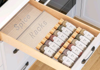 New - 2-Tier Spice Drawer Organizer, 2 Pack Clear Acrylic Drawer Seasoning Organizer, Expandable From 11'' to 22'' Kitchen Spice Rack Organizers and Storage for Drawer . 4 Racks Total