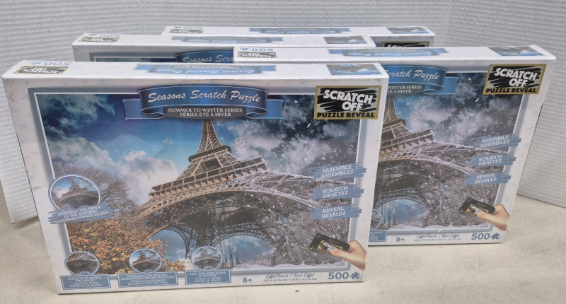 4 New 500 Piece EIFFEL TOWER Seasons Scratch Off Puzzle Reveal Retail Value $60