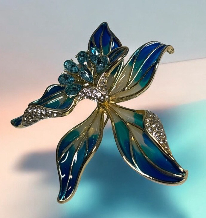 Vintage Inspired Orchid Elegant Enamel Brooch with Sparkling Zirconia Approximately 2 x 2 Inch