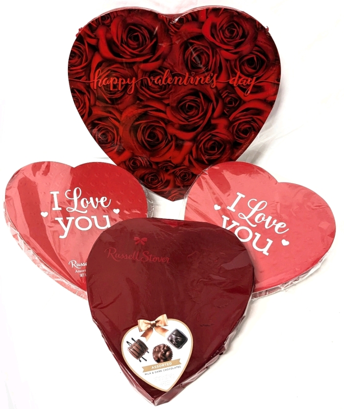 4 New Heart-Shaped Boxes of Chocolate : Elmer (30 Pieces), 3x Russell Stover (9 Pieces - 2x Assorted, 1x Milk & Dark Assorted)