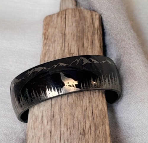 Stainless Steel Wolf Forest Ring 8mm Wide Size 12 Black
