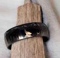 Stainless Steel Wolf Forest Ring 8mm Wide Size 12 Black