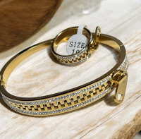 New Luxury Stainless Steel Bracelet with Rhinestone Embellishments Glam Zipper Style Matching Ring Size 10<br/>