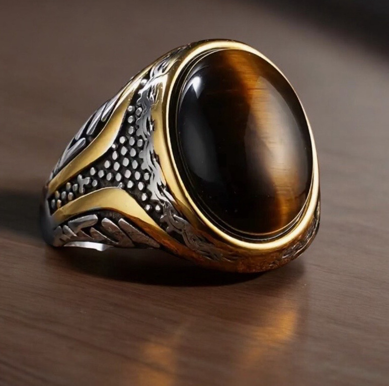 Men'S 316L Stainless Steel Ring Vintage Design Natural Tigers Eye Mosaic Size 11