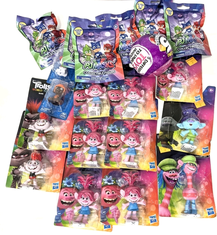 20 New Toys! Trolls World Tour Figures &times;11, PJ Masks Series 2 Blind Bag Figures &times;6, Paw Patrol Mini Figures &times;2, Zuru 5-Surprise Toy Ball &times;1