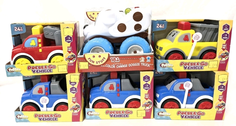 6 New Lights & Sounds Toy Trucks for 18M + : Press & Go Vehicles &times;5, Colour Change Doggie Truck &times;1 | Up to 6.75" Long