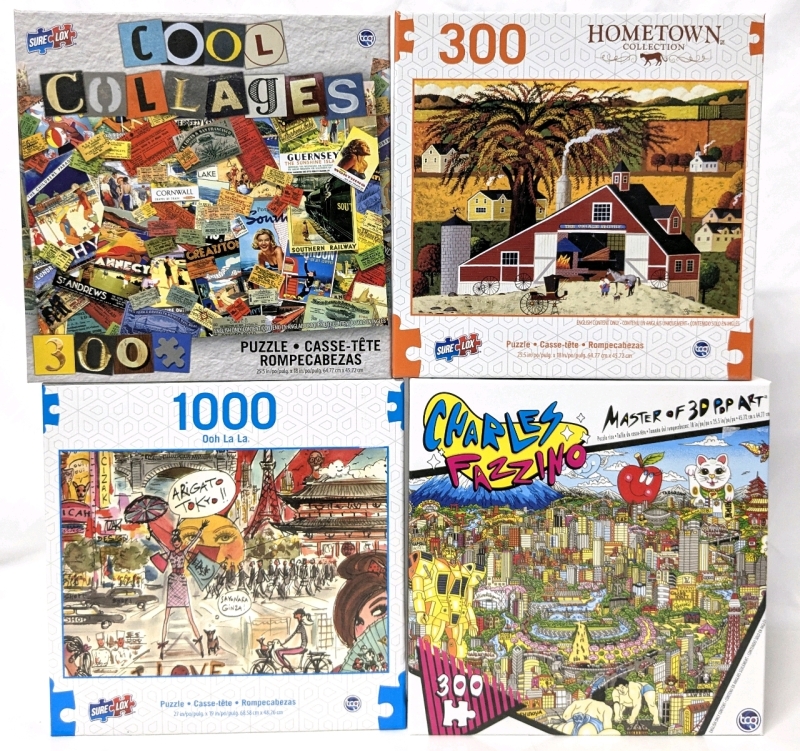 4 New Puzzles: 1&times; 1000-Piece (Ooh la la) + 3&times; 300-Pieces (Charles Fazzino, Cool Collages, The Village Smithy) | Finished Sizes: 25" &times; 18" to 27" &times; 19"
