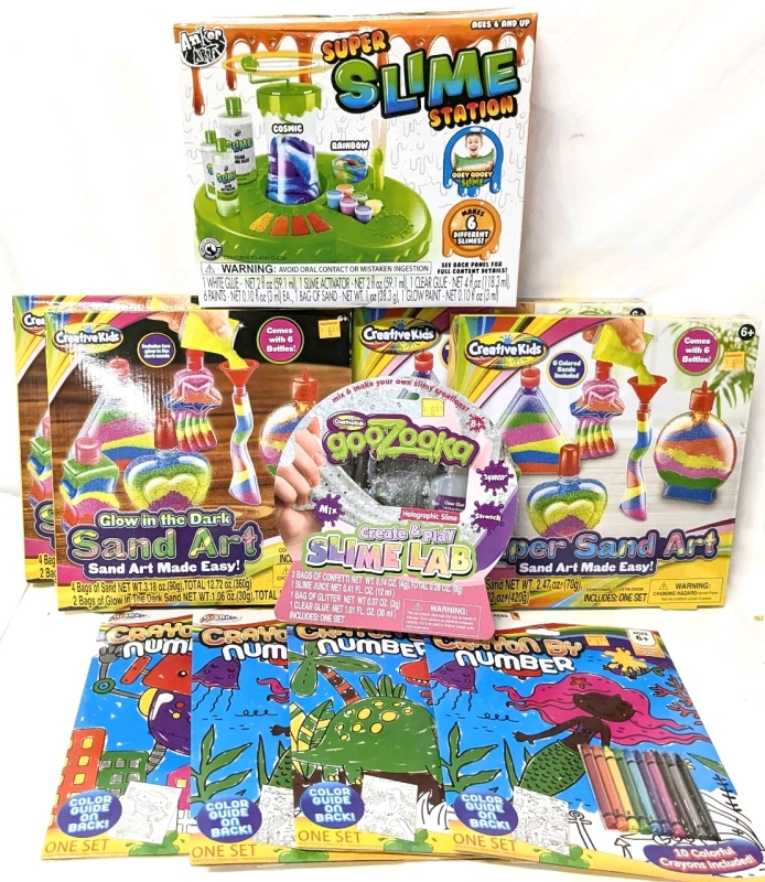 10 New Kid Craft Kits : 4&times; Sand Art Kits, Super Slime Station, GooZooka Create & Play Holographic Slime Lab, 4&times; Crayon by Number Kits