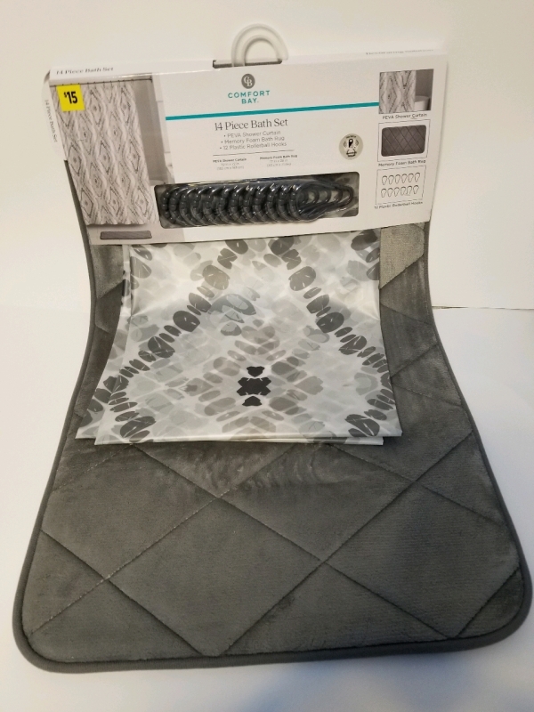 New 14 Piece Comfort Bay Bath Set includes shower curtain, memory foam bat rug, and 12 roller ball hooks