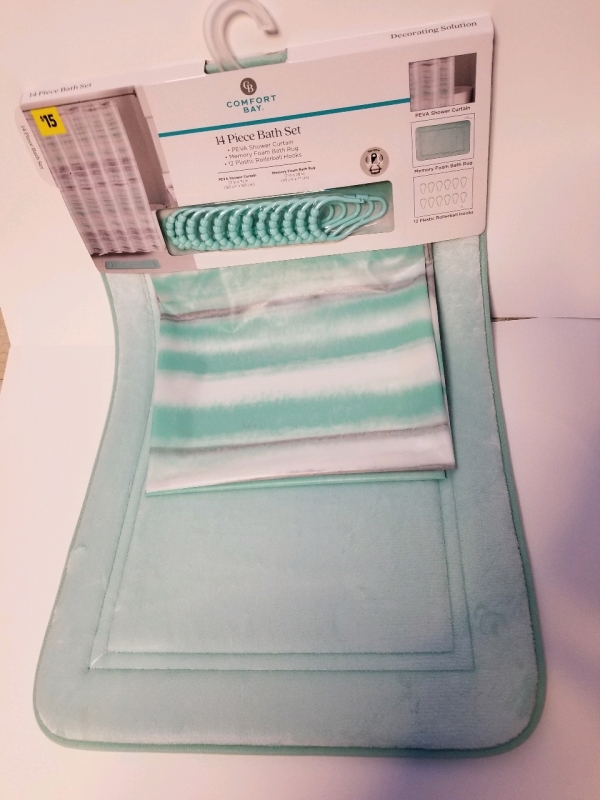New 14 Piece Comfort Bay Bath Set includes shower curtain, memory foam bat rug, and 12 roller ball hooks