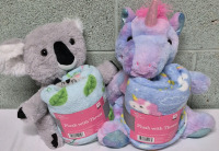 2 New Adorable 12" Tall Plushes with Throws 35 by 50" Koala & Unicorn