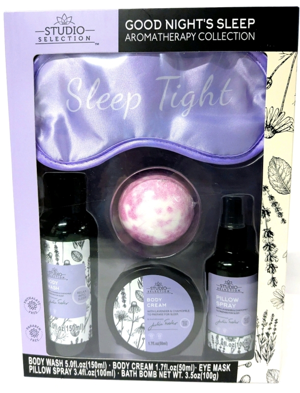 New Good Night's Sleep Aromatherapy Collection Gift Set: Body Wash, Body Cream, Eye Mask, Pillow Spray & Bat Bomb | EXP 2027