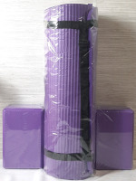 New Purple Yoga Mat w/ Strap & Two Purple Foam Blocks