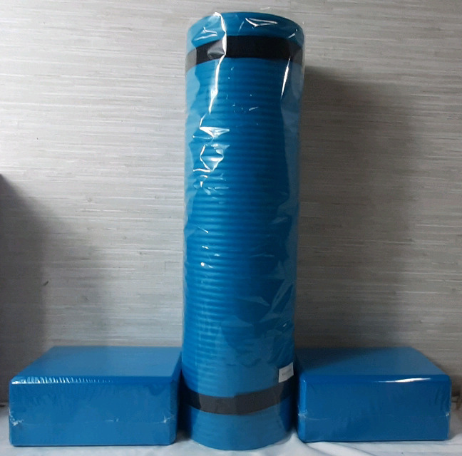 New Blue Yoga Mat w/ Strap & Two Blue Foam Blocks