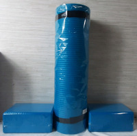 New Blue Yoga Mat w/ Strap & Two Blue Foam Blocks