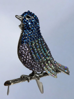 Stately Rhinestone Bird Brooch Lovely Blues Purples AB Black Eye Approximately 2.75 x 2.25 Inch