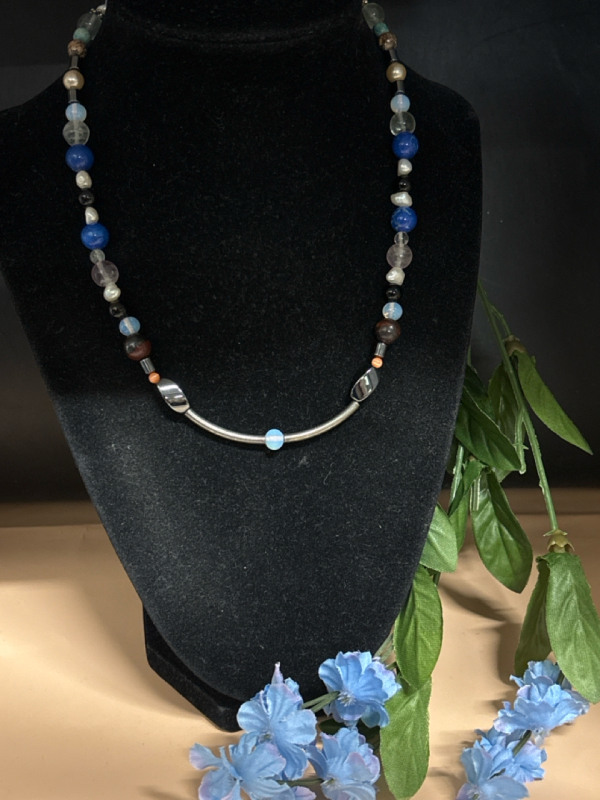 Vintage Deco Possibly Sterling Czech Camphor Glass Lapis Lava Blue Stone Fresh Water Pearls Necklace Heart Toggle Clasp 16 Inch