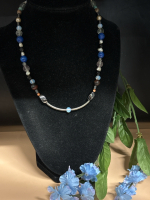 Vintage Deco Possibly Sterling Czech Camphor Glass Lapis Lava Blue Stone Fresh Water Pearls Necklace Heart Toggle Clasp 16 Inch