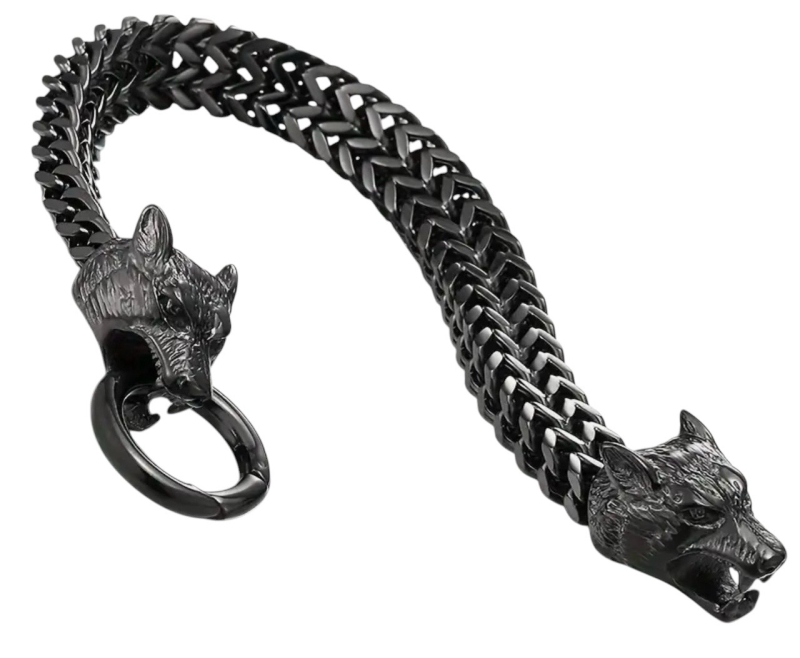 Stylish Stainless Steel Black Viking Double Wolf Head Bracelet Versatile & Elegant Non-Magnetic Approximately 8.25 Inch
