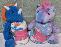 2 New Adorable 12" Tall Plushes with Throws 35 by 50" Dinosaur & Unicorn
