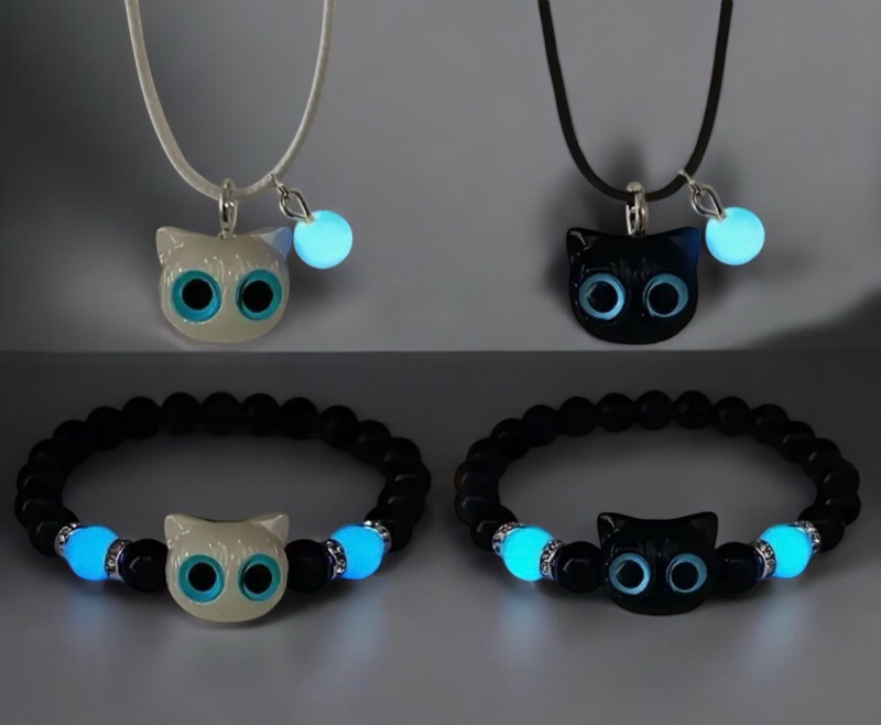 4 Piece Adjustable Glow-in-the-Dark Vintage Cat Charm Beaded Resin and Glass Bracelet and Necklace Set