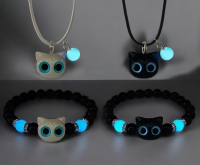 4 Piece Adjustable Glow-in-the-Dark Vintage Cat Charm Beaded Resin and Glass Bracelet and Necklace Set