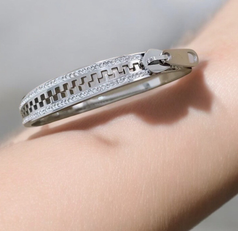 Luxury Stainless Steel Bracelet with Rhinestone Embellishments Glam Zipper Style <br/>