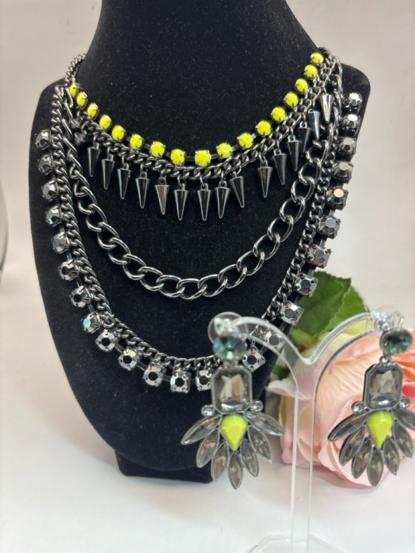 Japanned Brutalist Style Glow In The Dark Bullet and Black Stone Necklace Earrings Set