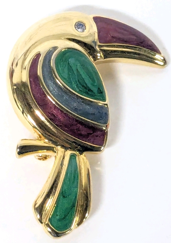 Vintage Red Green Blue Enamel Toucan Brooch with Clear Rhinestone Eye - 1.5" x 2.15"