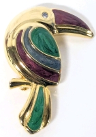 Vintage Red Green Blue Enamel Toucan Brooch with Clear Rhinestone Eye - 1.5" x 2.15"