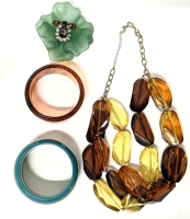 Vintage Colorful Acrylic Jewelry: Bangles, Magnetic Brooch with Rhinestones, 22.5" Long Earth Tone Chunky Triple-Strand Necklace