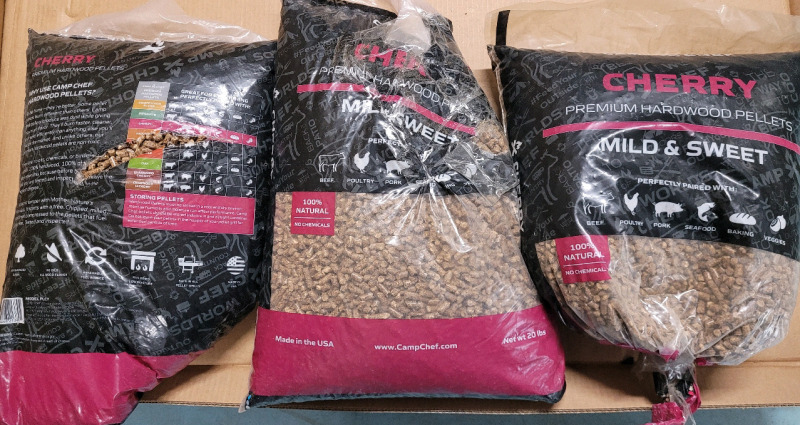 Open Bags 60+lbs Camp Chef Cherry Mild & Sweet Premium Hardwood Pellets . Four (4) Open Bags