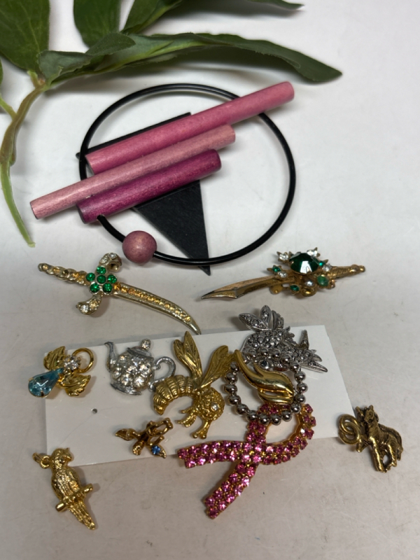 3 Vintage Brooches 2 Animal Charms & 7 lapel pins Rhinestones Bee Teapot plus
