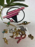 3 Vintage Brooches 2 Animal Charms & 7 lapel pins Rhinestones Bee Teapot plus